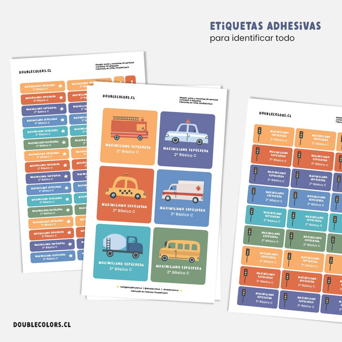 Etiquetas escolares "Autos y camiones de servicios"