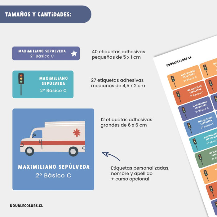 Etiquetas escolares "Autos y camiones de servicios"