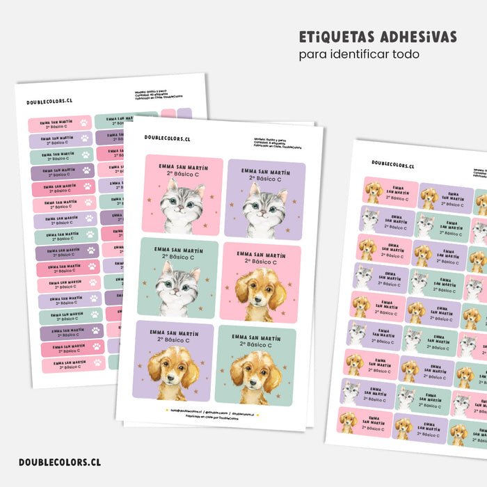 Etiquetas escolares "Gatito y perrito"